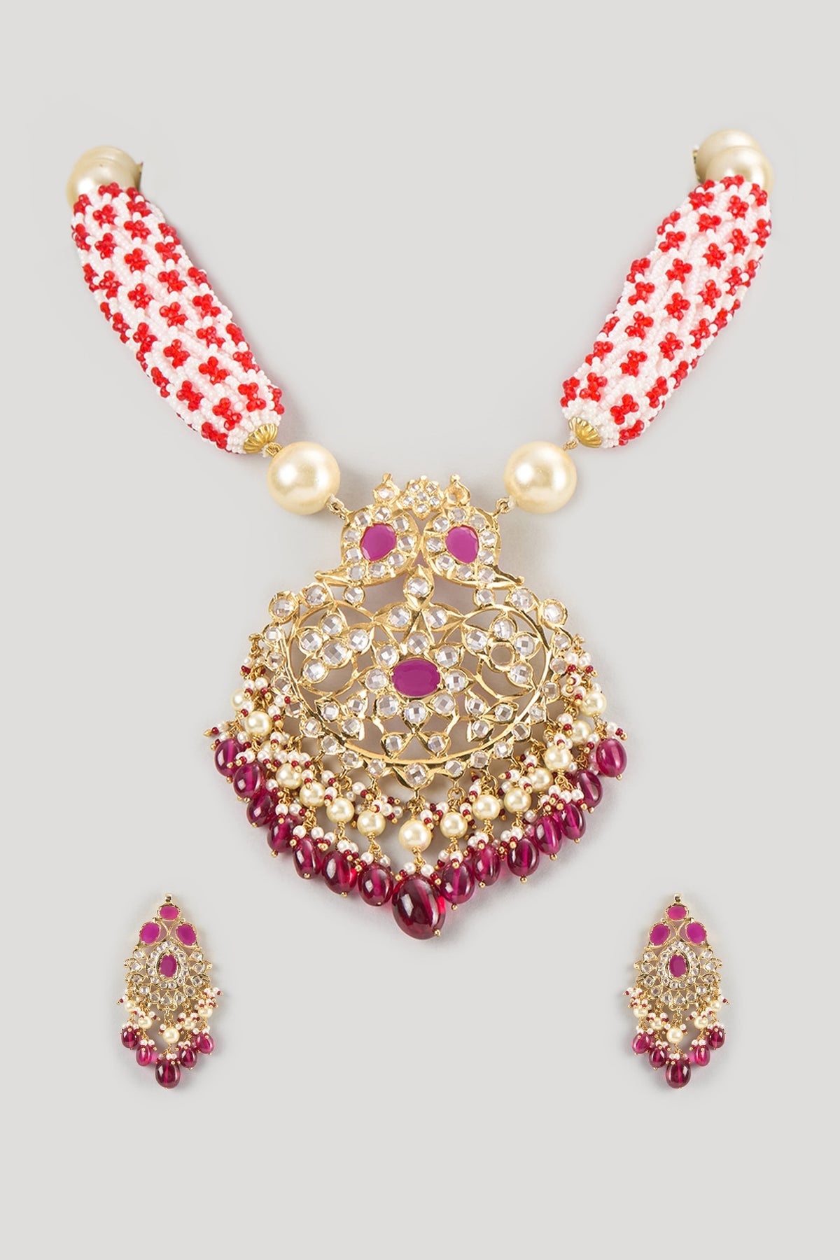 Gold Finish Polki Diamond & Ruby Long Necklace Set