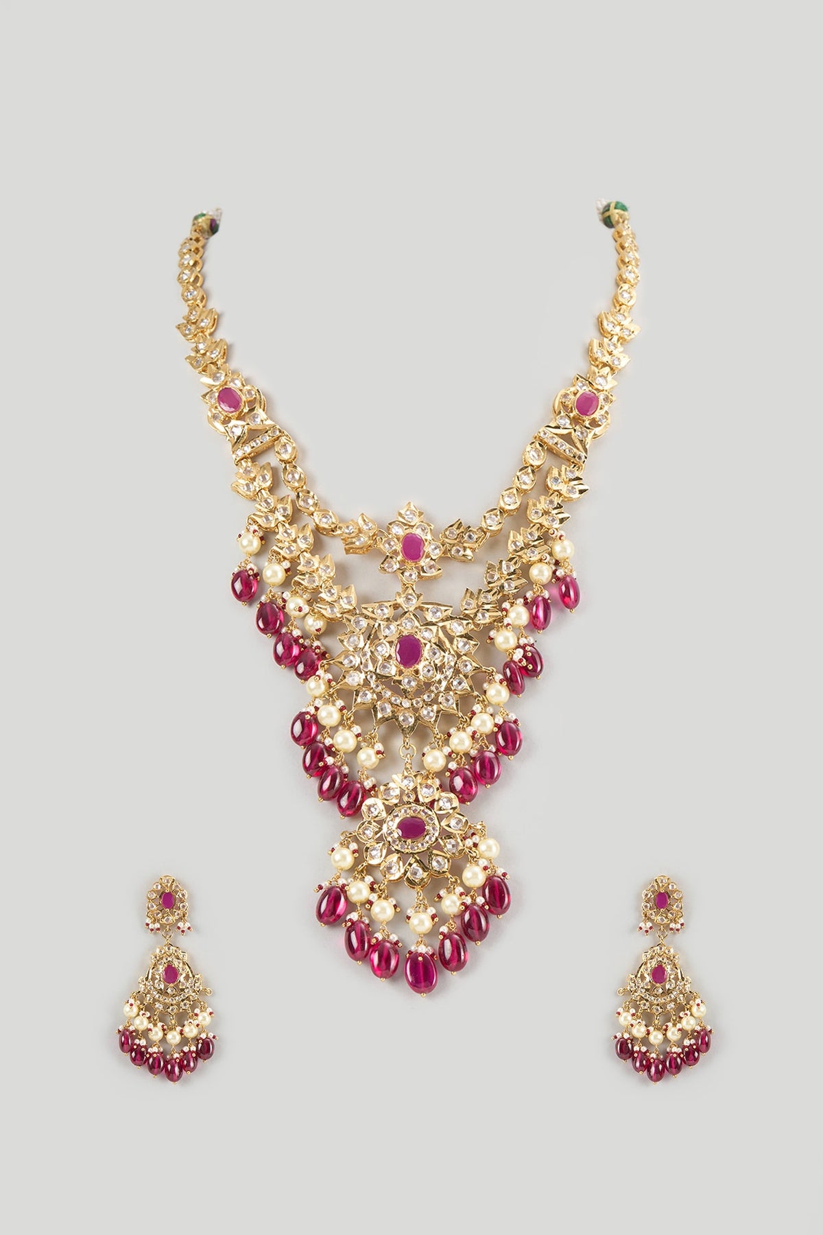 Gold Finish Kundan Polki & Red Beaded Long Necklace Set