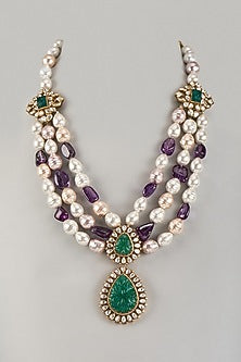 Gold Plated Baroque Pearl & Purple Beaded Long Necklace In Sterling Silver