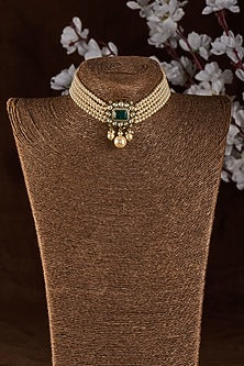 Black Rhodium Plated Moissanite Polki & Pearl Choker Necklace In Sterling Silver