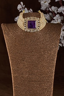 Black Rhodium Plated Moissanite Polki & Amethyst Stone Choker Necklace In Sterling Silver