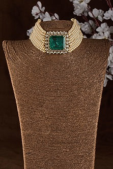 Gold Plated Moissanite Polki & Emerald Doublet Stone Choker Necklace In Sterling Silver