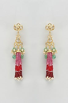 Gold Plated Green & Red Onyx Dangler Earrings In Sterling Silver