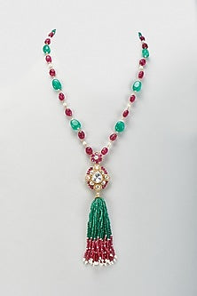 Gold Plated Moissanite Polki & Hand-Cut Quartz Long Necklace In Sterling Silver
