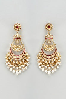 Gold Plated Moissanite Polki & Red Quartz Chandbaali Earrings In Sterling Silver