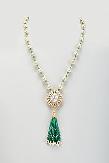 Gold Plated Moissanite Polki & Freshwater Pearl Long Necklace In Sterling Silver