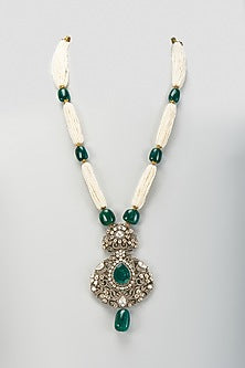 Black Rhodium Plated Moissanite Polki & Freshwater Pearl Long Necklace In Sterling Silver