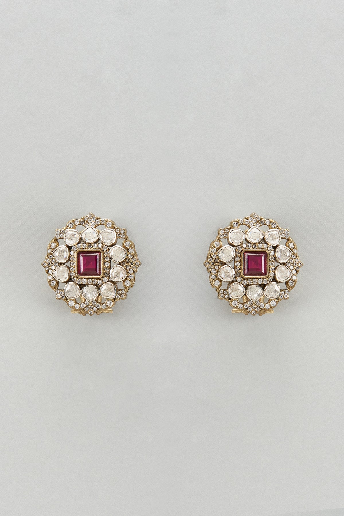 Black Rhodium Plated Moissanite Polki & Red Dublet Stone Stud Earrings In Sterling Silver