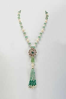 Gold Plated Moissanite Polki & Freshwater Pearl Long Necklace In Sterling Silver