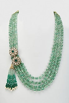 Black Rhodium Plated Moissanite Polki & Green Berrel Stone Long Necklace In Sterling Silver