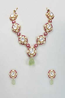 Gold Plated Moissanite Polki & Hand-Cut Red Quartz Stone Long Necklace Set In Sterling Silver