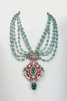 Black Rhodium Plated Moissanite Polki & Green Beryl Long Necklace In Sterling Silver