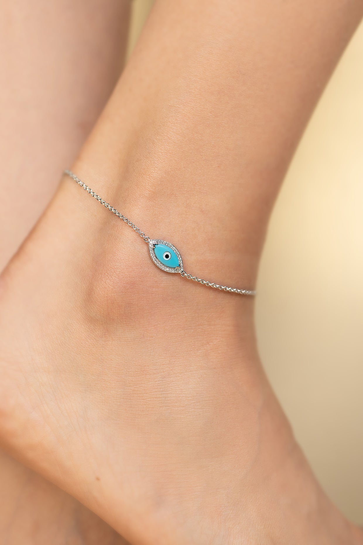 14 Kt White Gold Diamond Turquoise Eye Anklet