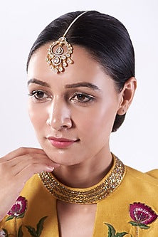 Gold Plated Moissanite Polki Maang Tikka In Sterling Silver
