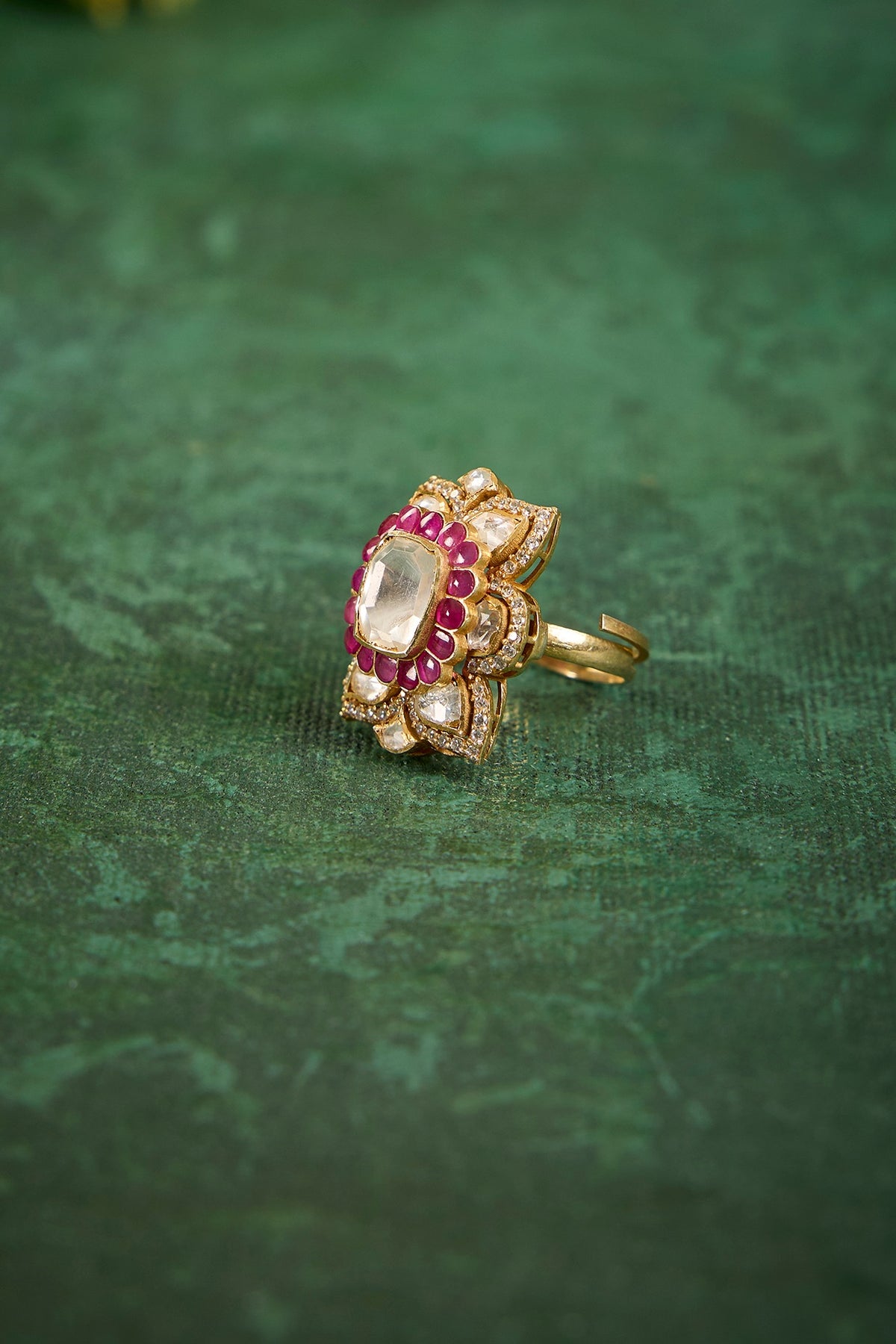 Gold Plated Kundan Polki & Ruby Stone Ring In Sterling Silver