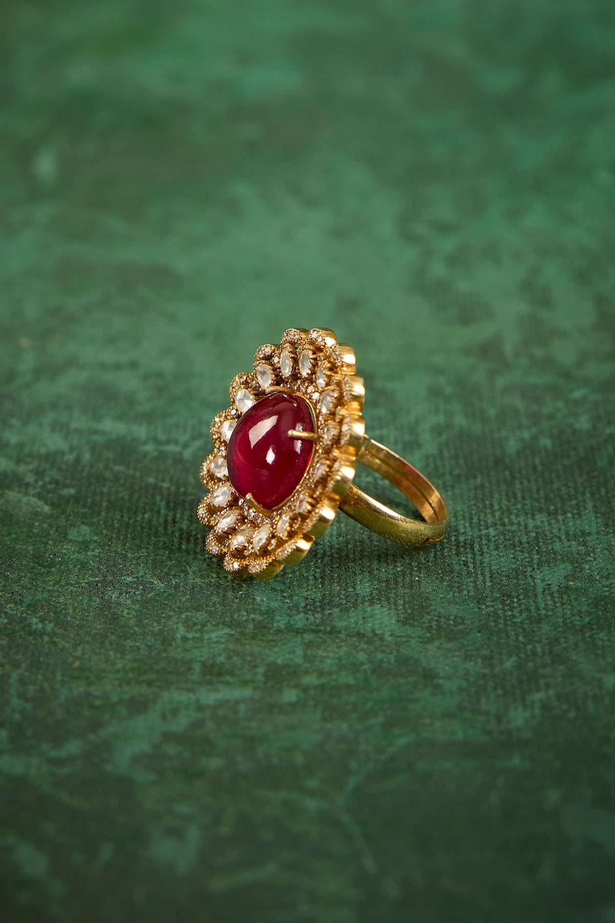 Gold Plated Kundan Polki & Ruby Stone Ring In Sterling Silver