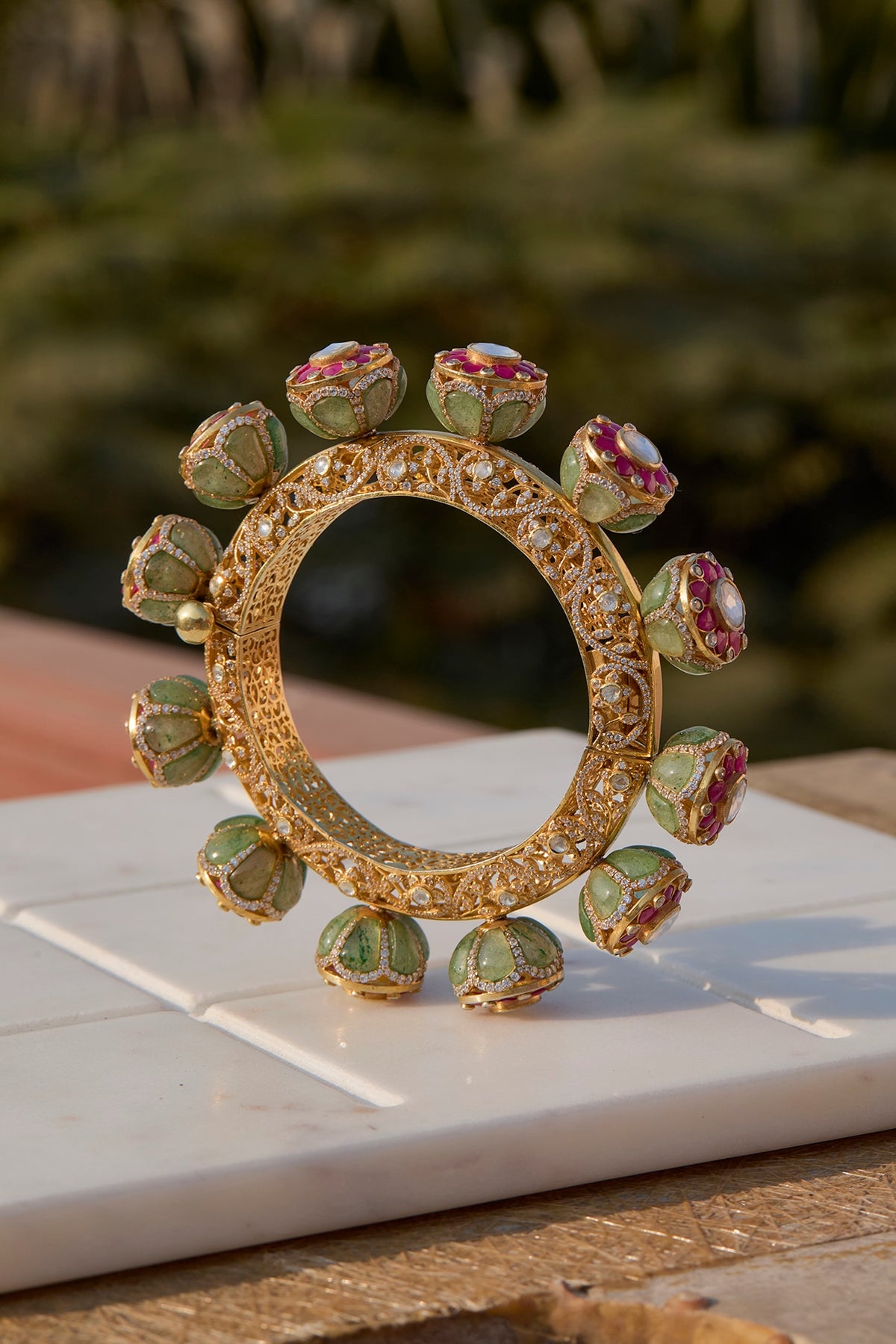 Gold Plated Kundan Polki & Ruby Stone Kada In Sterling Silver