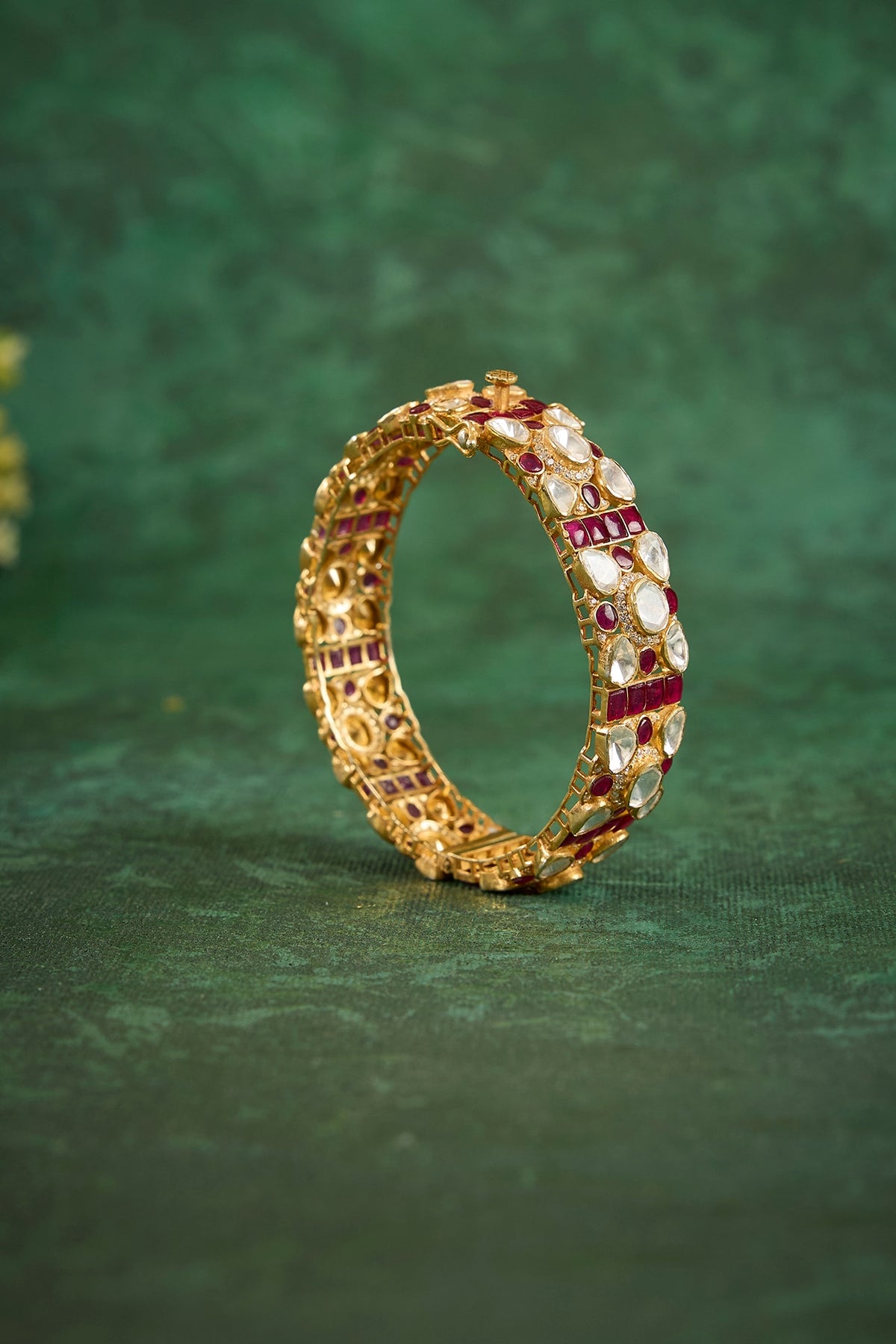 Gold Plated Kundan Polki & Ruby Stone Kada In Sterling Silver