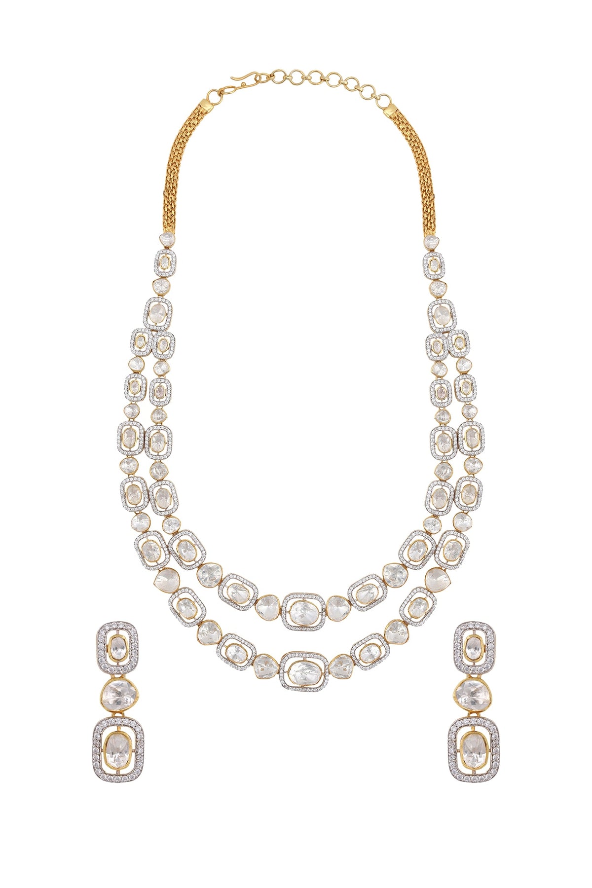 Gold Finish Diamond Double Line Necklace Set In Sterling Silver