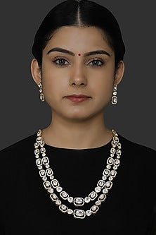 Gold Finish Diamond Double Line Necklace Set In Sterling Silver