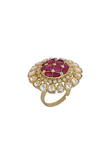 Gold Finish Ruby Checkered Ring In Sterling Silver