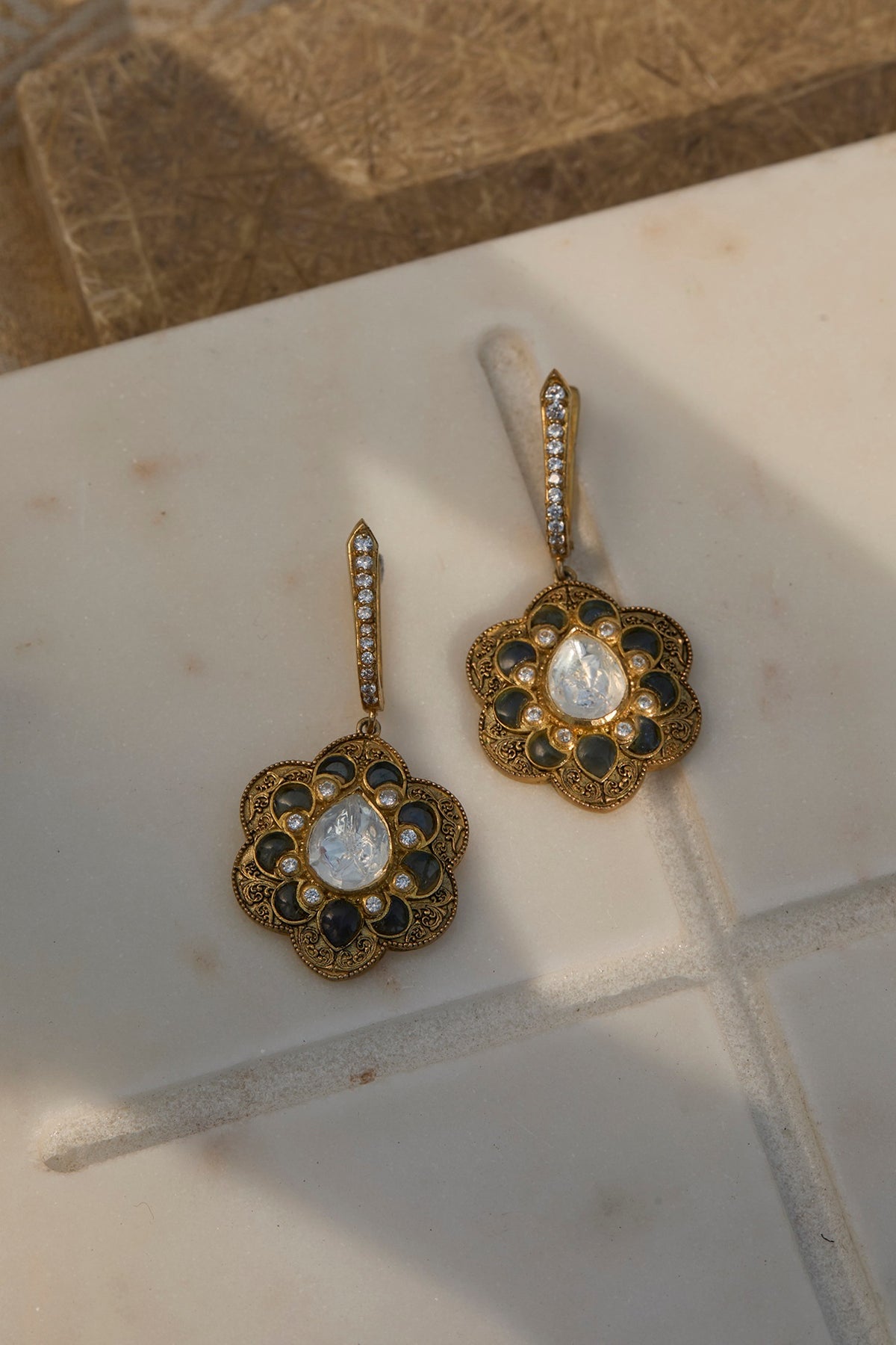 Gold Plated Tanzanite Blue Stone Bali Earrings In Sterling Silver