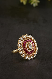 Gold Plated Kundan Polki Oval Ring In Sterling Silver