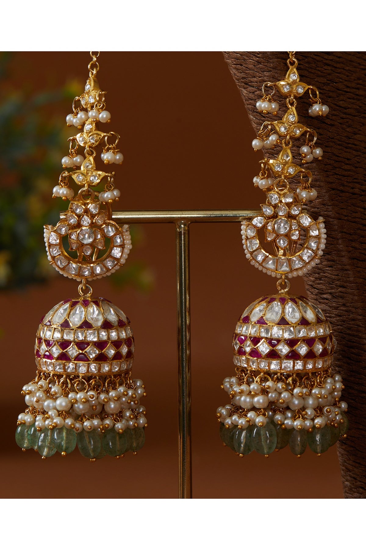 Gold Plated Kundan Polki Green Drops Jhumka Earrings In Sterling Silver