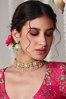 Gold Plated Vellore Kundan Polki & Rose Quartz Choker Necklace Set In Sterling Silver