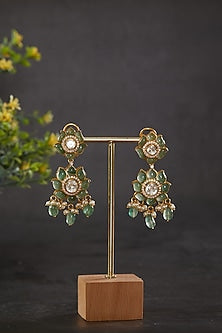 Gold Plated Vellore Kundan Polki & Freshwater Pearl Dangler Earrings In Sterling Silver