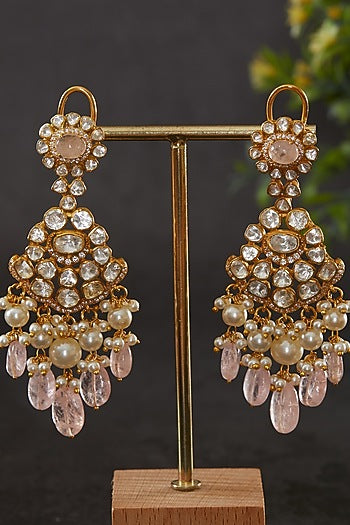 Gold Plated Vellore Kundan Polki & Rose Quartz Dangler Earrings In Sterling Silver