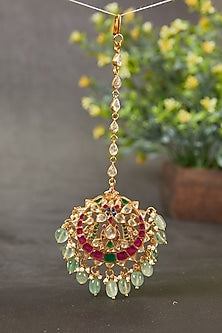Gold Plated Kundan Polki & Pearl Maangtikka In Sterling Silver