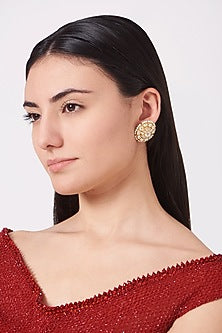 Gold Finish Kundan Polki Stud Earrings In Sterling Silver