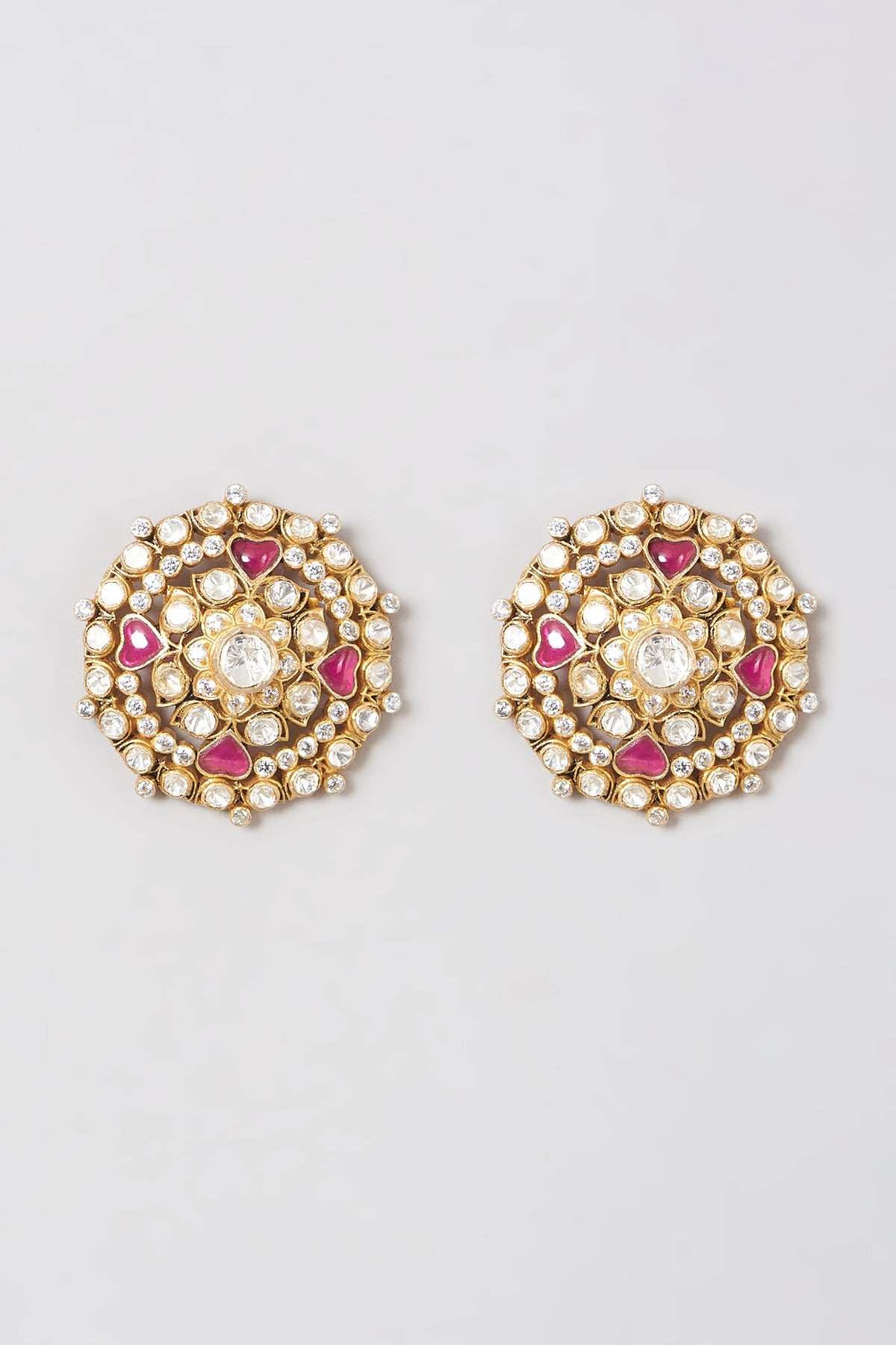 Gold Finish Kundan Polki Earrings In Sterling Silver
