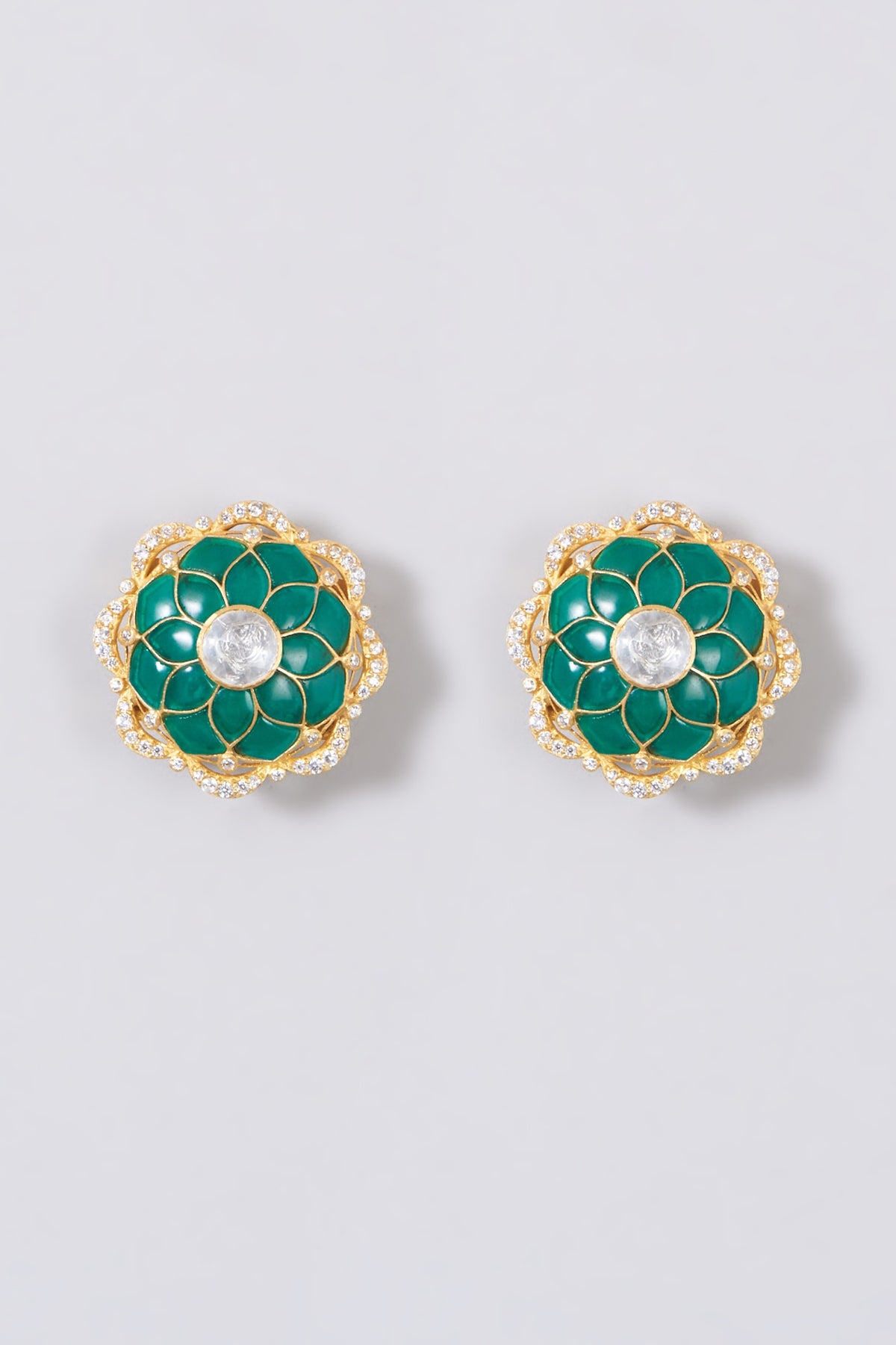 Gold Finish Kundan Polki Stud Earrings In Sterling Silver