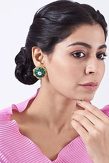 Gold Finish Kundan Polki Stud Earrings In Sterling Silver