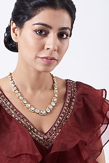Gold Finish Kundan Polki Necklace Set In Sterling Silver