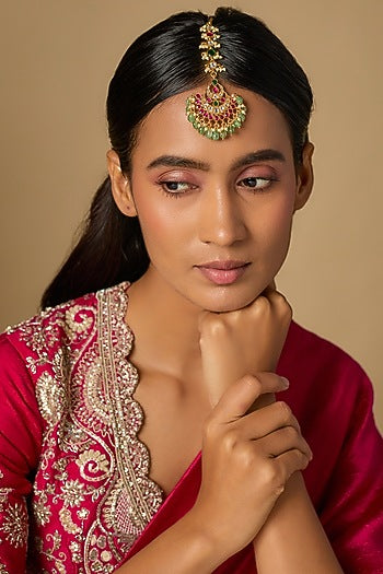 Gold Plated Multi-Colored Moissanite Polki Maangtikka In Sterling Silver