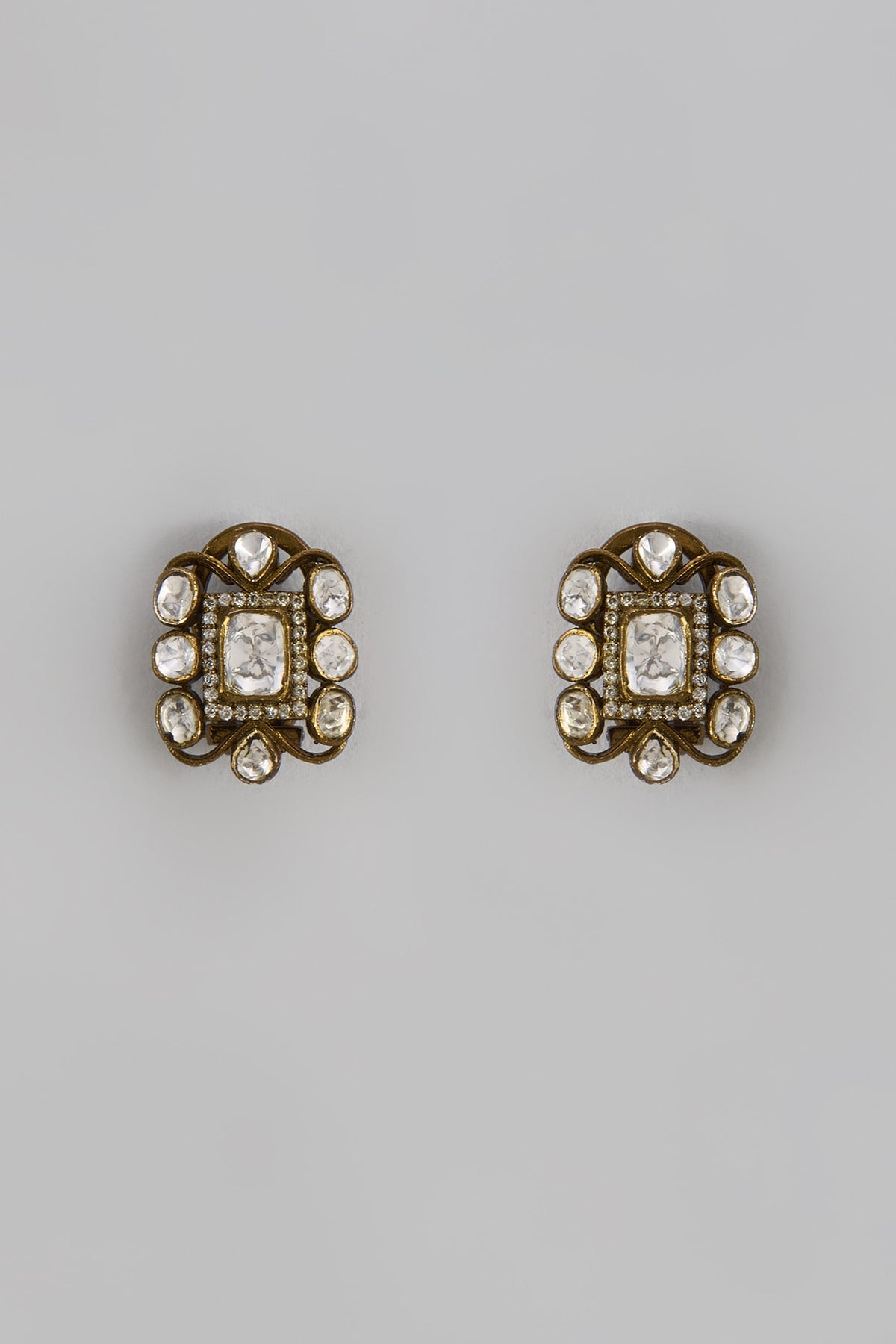 Black Rhodium Finish Moissanite Polki Handcrafted Stud Earrings In Sterling Silver