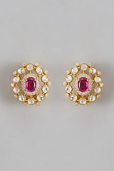 Gold Plated Moissanite Polki Stud Earrings In Sterling Silver