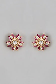 Gold Plated Moissanite Polki Stud Earrings In Sterling Silver