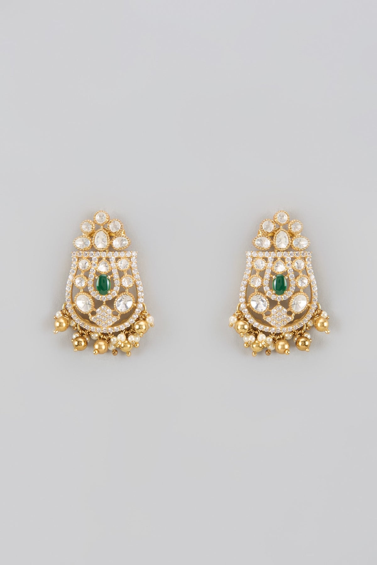 Gold Plated Green Moissanite Polki Dangler Earrings In Sterling Silver