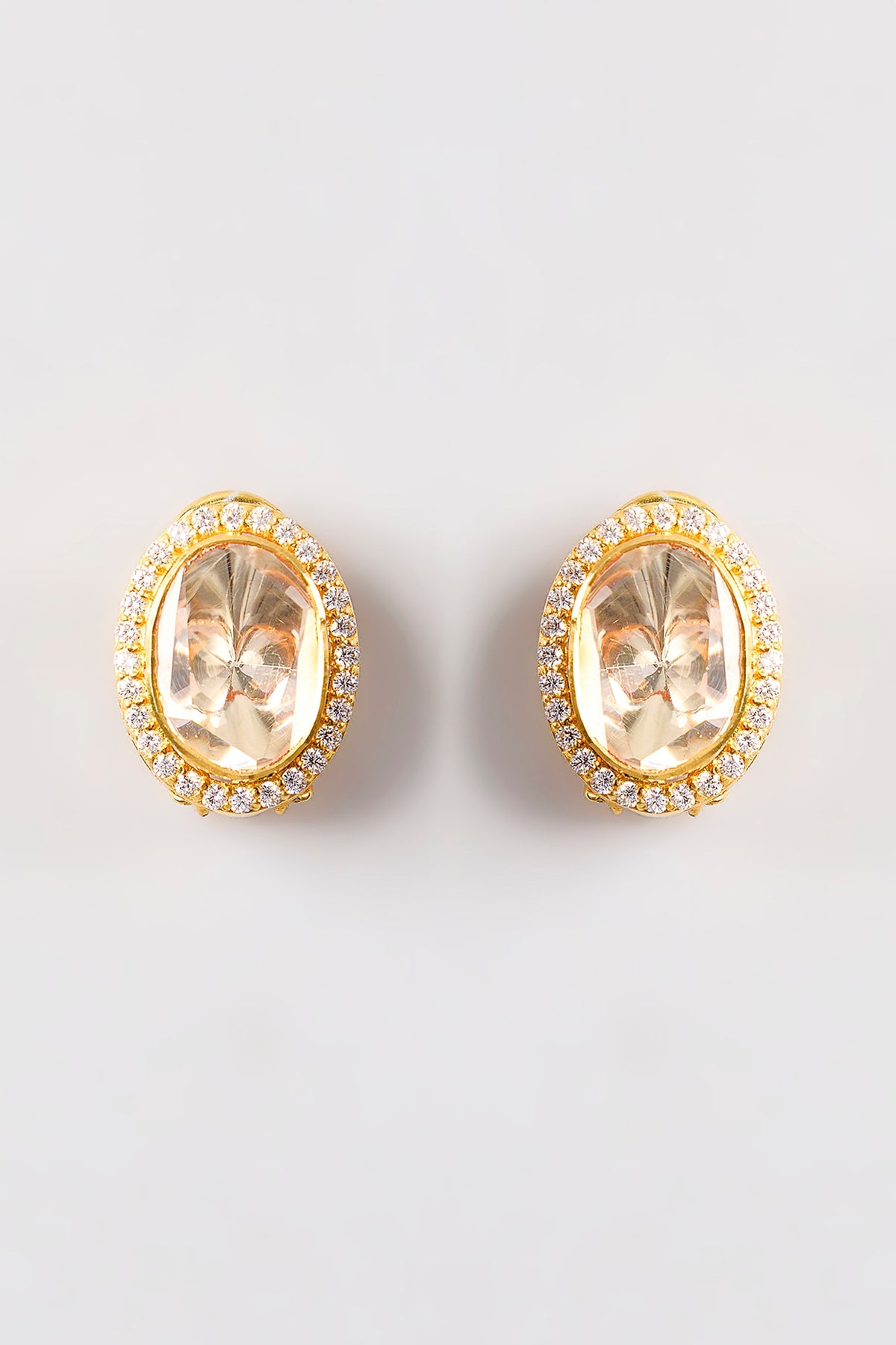 Gold Plated White Kundan Polki Handcrafted Stud Earrings In Sterling Silver