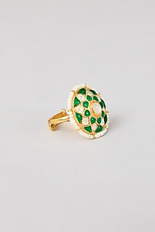 Gold Plated Green Kundan Polki Handcrafted Adjustable Ring In Sterling Silver
