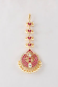 Gold Plated Red Kundan Polki Handcrafted Maangtikka In Sterling Silver