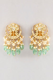 Gold Plated White Kundan Polki Handcrafted Dangler Earrings In Sterling Silver