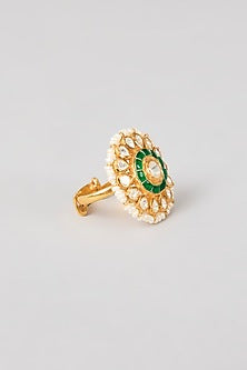 Gold Plated White Kundan Polki Handcrafted Adjustable Ring In Sterling Silver