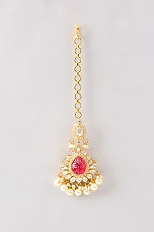 Gold Plated White Kundan Polki Handcrafted Maangtikka In Sterling Silver