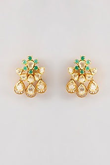 Gold Plated Green Kundan Polki Handcrafted Necklace Set In Sterling Silver