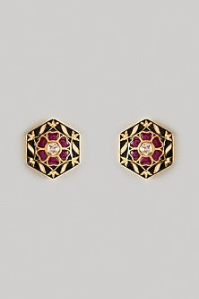 Gold Finish Red Kundan Polki Enameled Stud Earrings In Sterling Silver